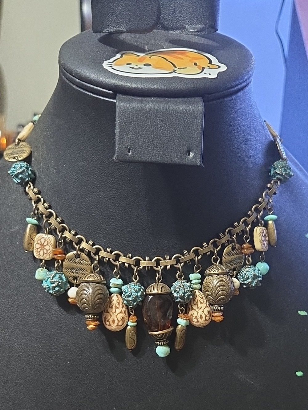 Vintage Chico's Boho Turquoise and Antique Gold Statement Necklace